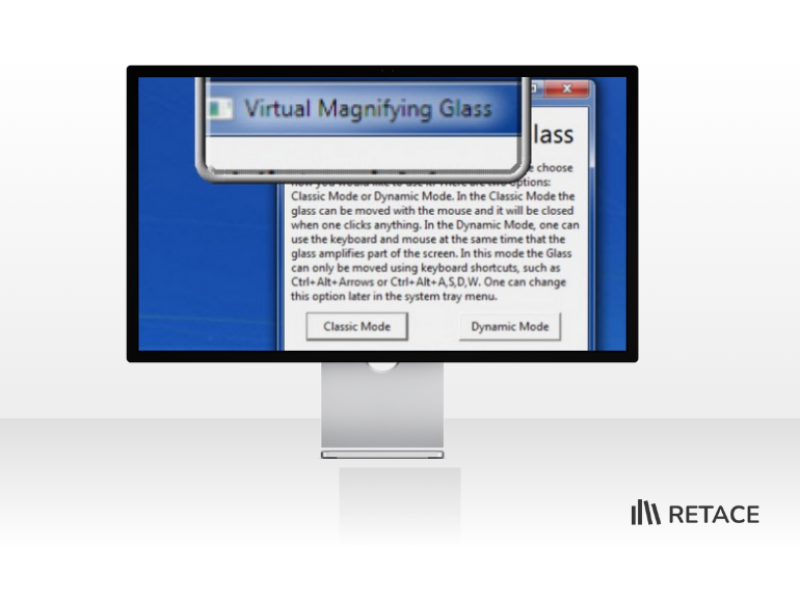 Imagem com a janela do programa "Virtual Magnifying Glass" aberta sobre fundo azul, com uma área ampliada sobre parte do conteúdo.